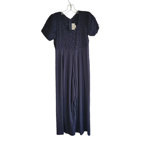 Jeffery & Dara Pants - Vintage Jeffrey & Dara Petit Jumpsuit Navy Smocked Floral Palazzo Size 4